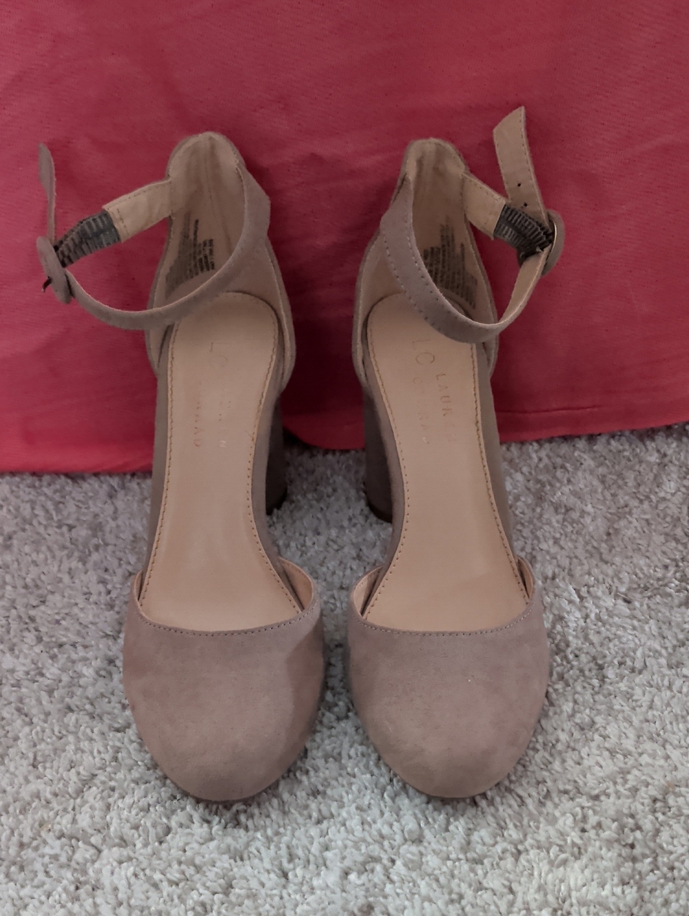 LC Lauren Conrad Taupe Suede Ankle-Strap Block Heels